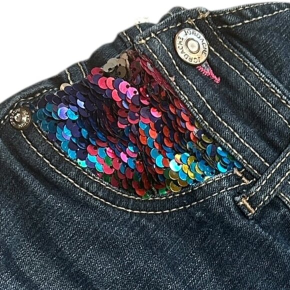 Vtg Jordache Kids Denim Bib Shortalls M(7/8) | Rainbow Sequin Pockets Embroidery - Picture 2 of 8